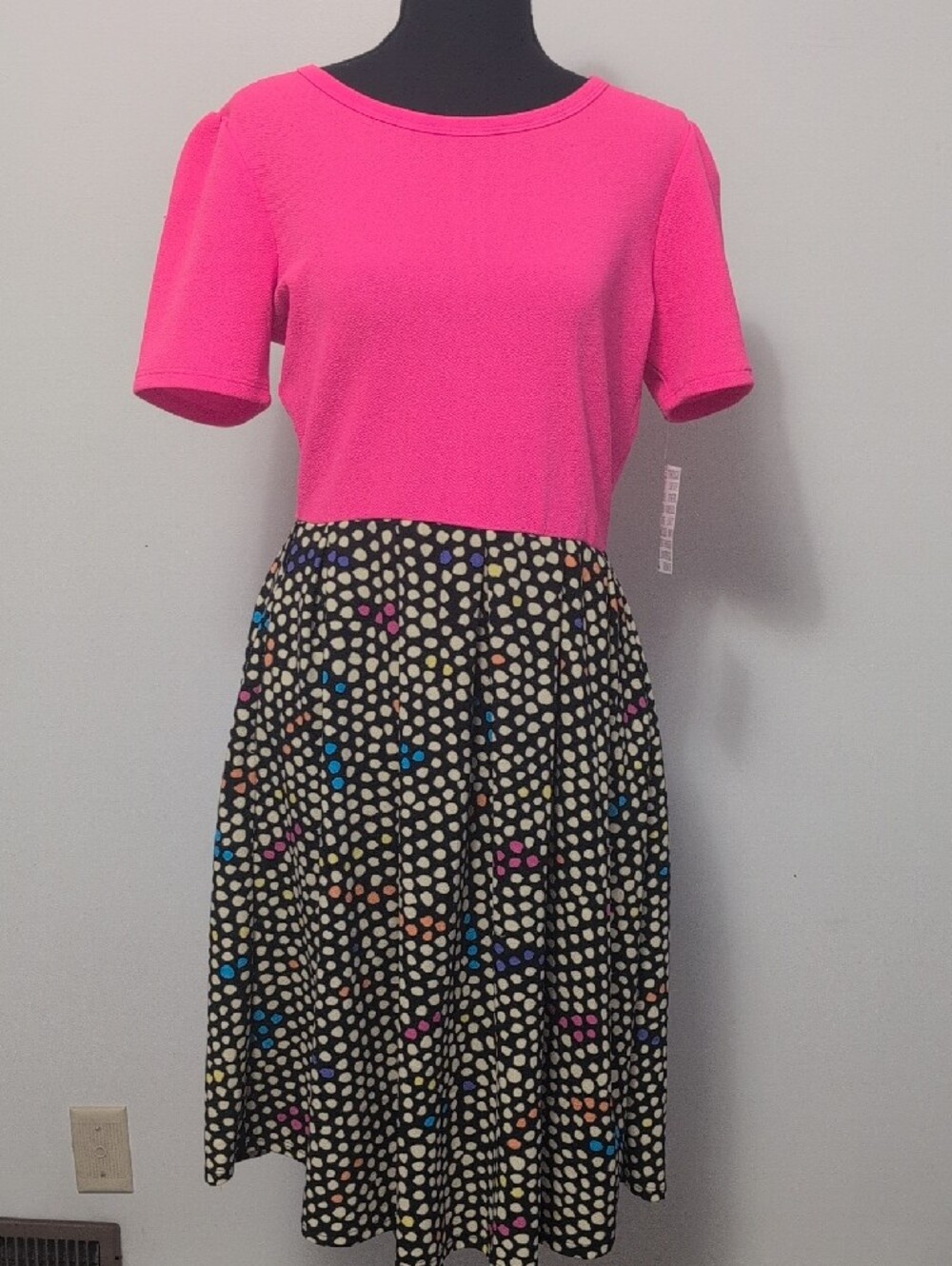 Lularoe Amelia Dress. Hot Pink Top with Black and Ivory Polka Dot Skirt